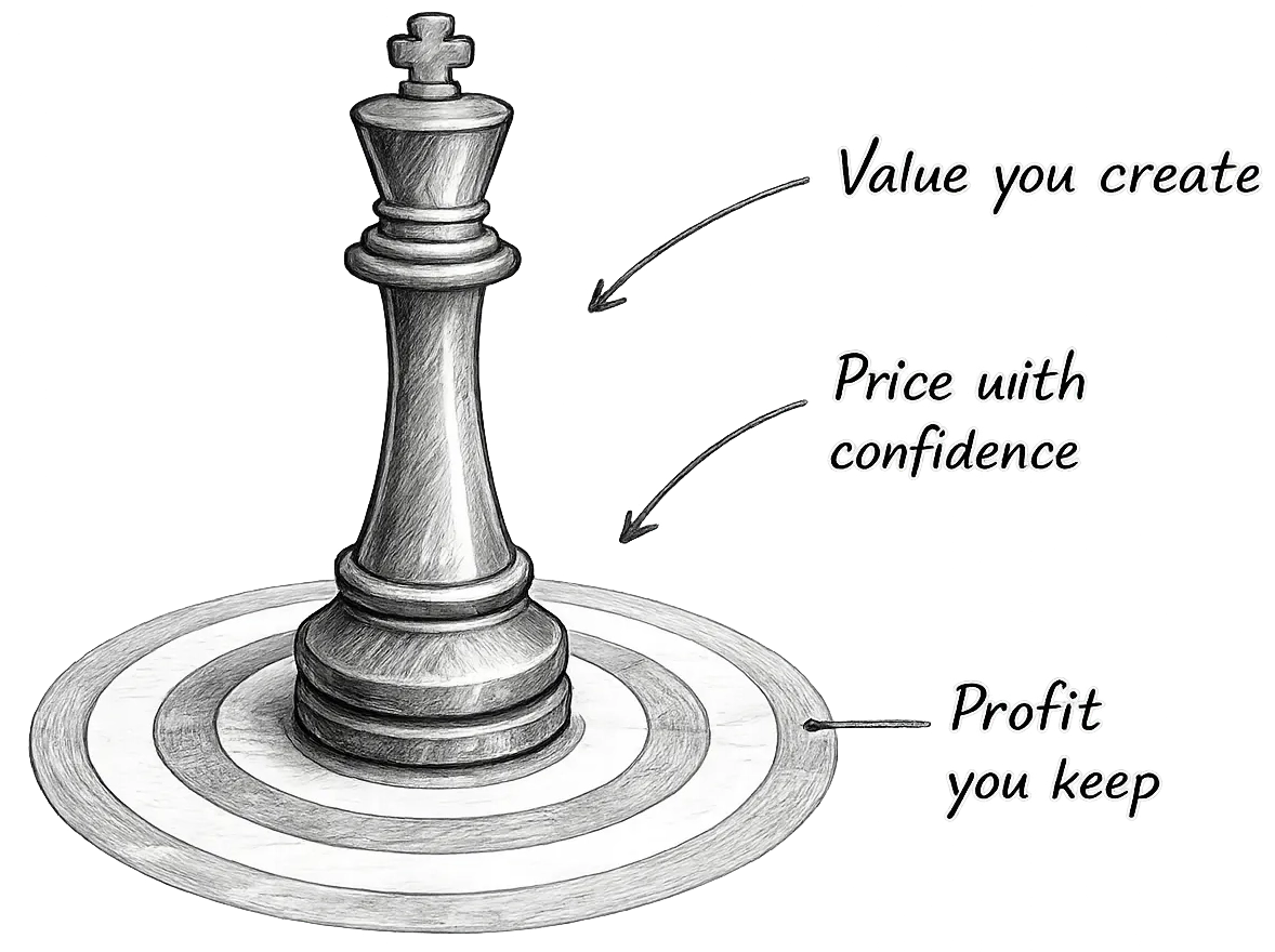Pencil chess king showing value, confidence and profit